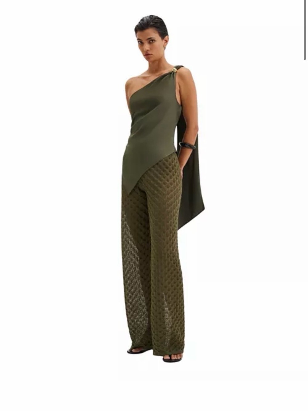 By Malina Asymmetrical Olive Green one shoulder brooch blouse size US 10 NWT